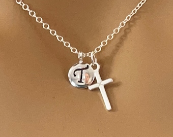 Initial charm cross necklace personalized gift, Christmas gift, Cross necklace Silver, Inital necklace gift silver