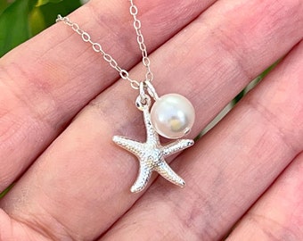 Starfish pearl Necklace silver, summer Beach necklace, Nautical bridesmaid gift,