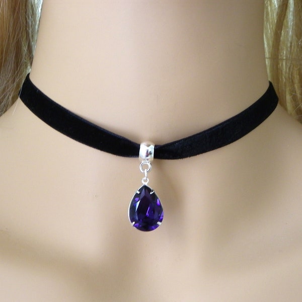 Black choker necklace, Dark purple earrings, Ribbon Choker with pendent, Dark purple necklace, gift for her, choker necklace for women gift