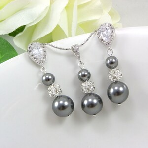 Dark grey pearl earrings Bridesmaid gift, Swarovski Pearl earrings Bridal dangle zircon earrings Bridal party gift Necklace And Earrings set