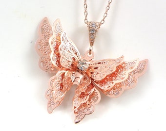 Collier à pendentif papillon en plaqué or rose, breloque superposé, chaîne de 40 cm