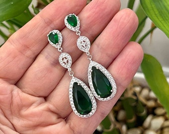 Emerald  earrings drop, CZ teardrop Emerald Earrings, Bridesmaid gift, Deep green earrings silver, Prom bridal earrings, Christmas gift