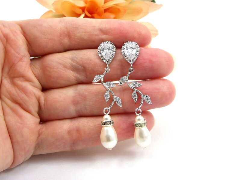 Pearl Necklace silver, Y necklace pearl, VINE leaf earrings drop, pearl jewelry set, necklace wedding, pearl earrings, Bridal jewelry set image 7