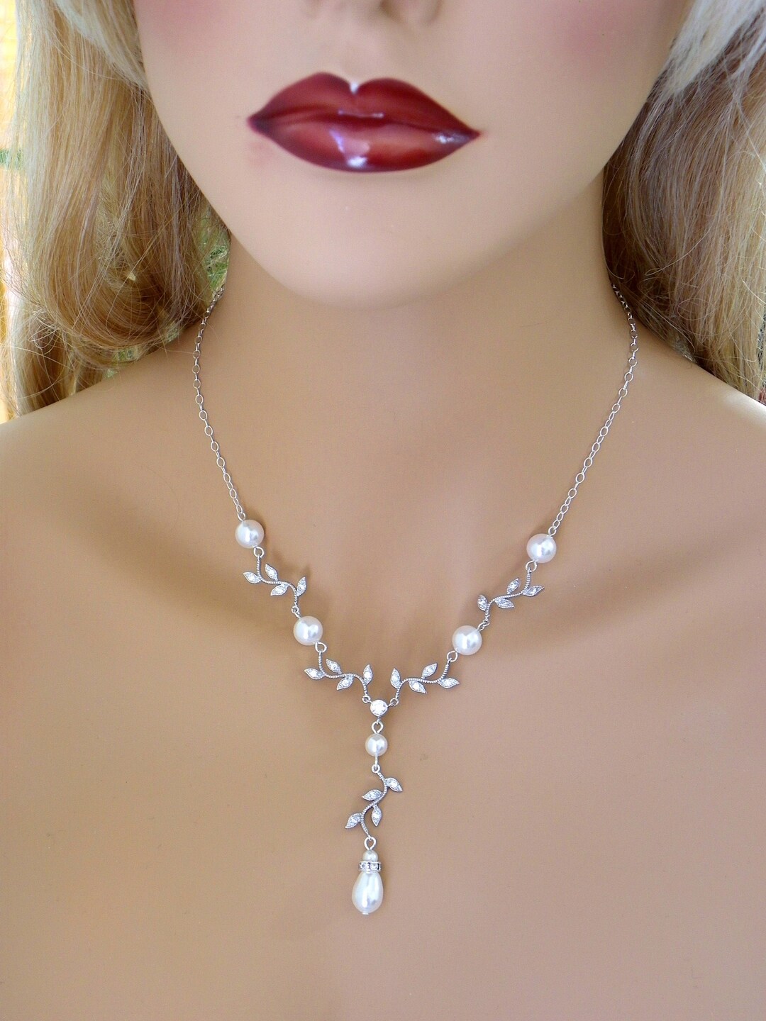 Pearl Y Necklace Y Pearl Vine Necklace VINE Leaf Pearl Etsy
