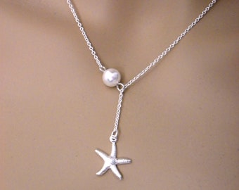 Collar con colgante de estrella de mar, collar de estrellas de mar y perlas de plata, collar náutico de playa, regalo de dama de honor, joyería de boda en la playa, regalo para ella