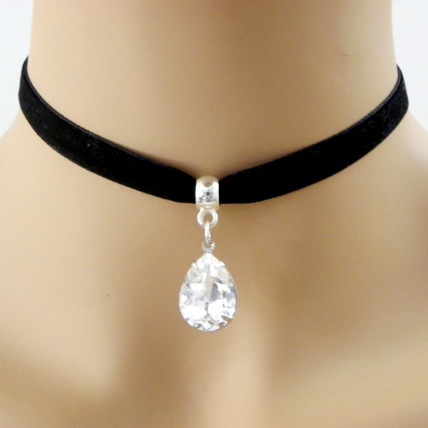 Black Ribbon choker, choker collar women, choker charm necklace, collar crystal jewelry, choker necklace gift, crystal pendant necklace gift