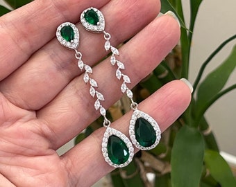 Emerald  earrings drop, CZ teardrop Emerald Earrings, Bridesmaid gift, Deep green earrings silver, Prom bridal earrings, Christmas gift