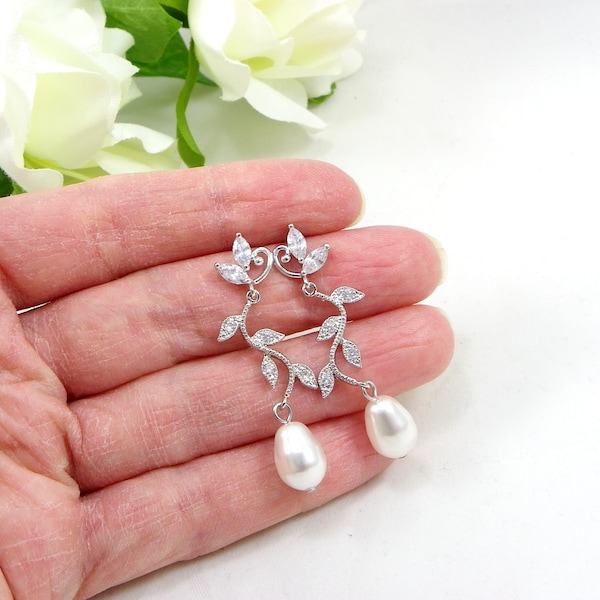 Pearl Vine Earrings, VINE dangle earring, Zirconia pearl earrings, Leaf zircon jewelry, ivory pearl bracelet, bridal shower, bridesmaid Gift