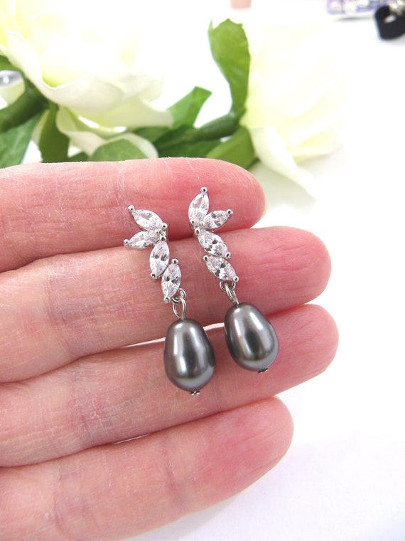 Dark grey Pearl Earrings drop dark grey earrings silver Zircon pearl Earring Swarovski dark grey pearl earrings women Bridesmaid gift