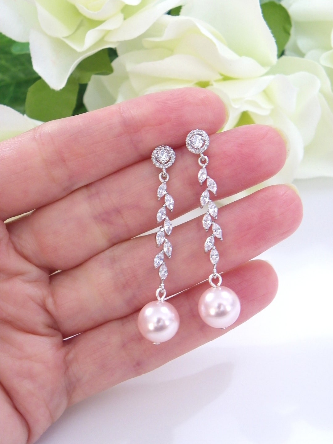 Soft Pink Pearl Earrings, Drop Pearl Bridal Earrings, Cubic Zirconia Earring, Wedding Ivory ...