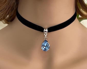 Black Velvet Choker, Light Sapphire Crystal Teardrop Pendant