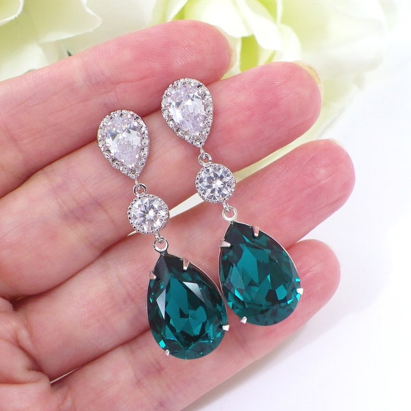 Dark teal Earrings, Swarovski Crystal Dark teal Green shade earrings, Sterling Silver earring, teardrop earrings, bridesmaid gift, Jewelry