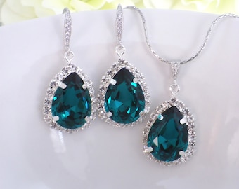 Dark Teal necklace and earrings set, Bridesmaid Gift, Dark teal Green shade Swarovski Crystal Bridal Jewelry Set, Earrings Necklace weddings