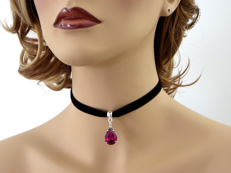 Black Velvet Choker Necklace, Charm necklace, BLACK Ribbon Choker, Gift for her, Adjustable necklace, Bridesmaid gift, Dark Teal crystal image 8