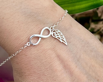 Infinity charm and angel wing bracelet sterling silver, mother daughter bracelet