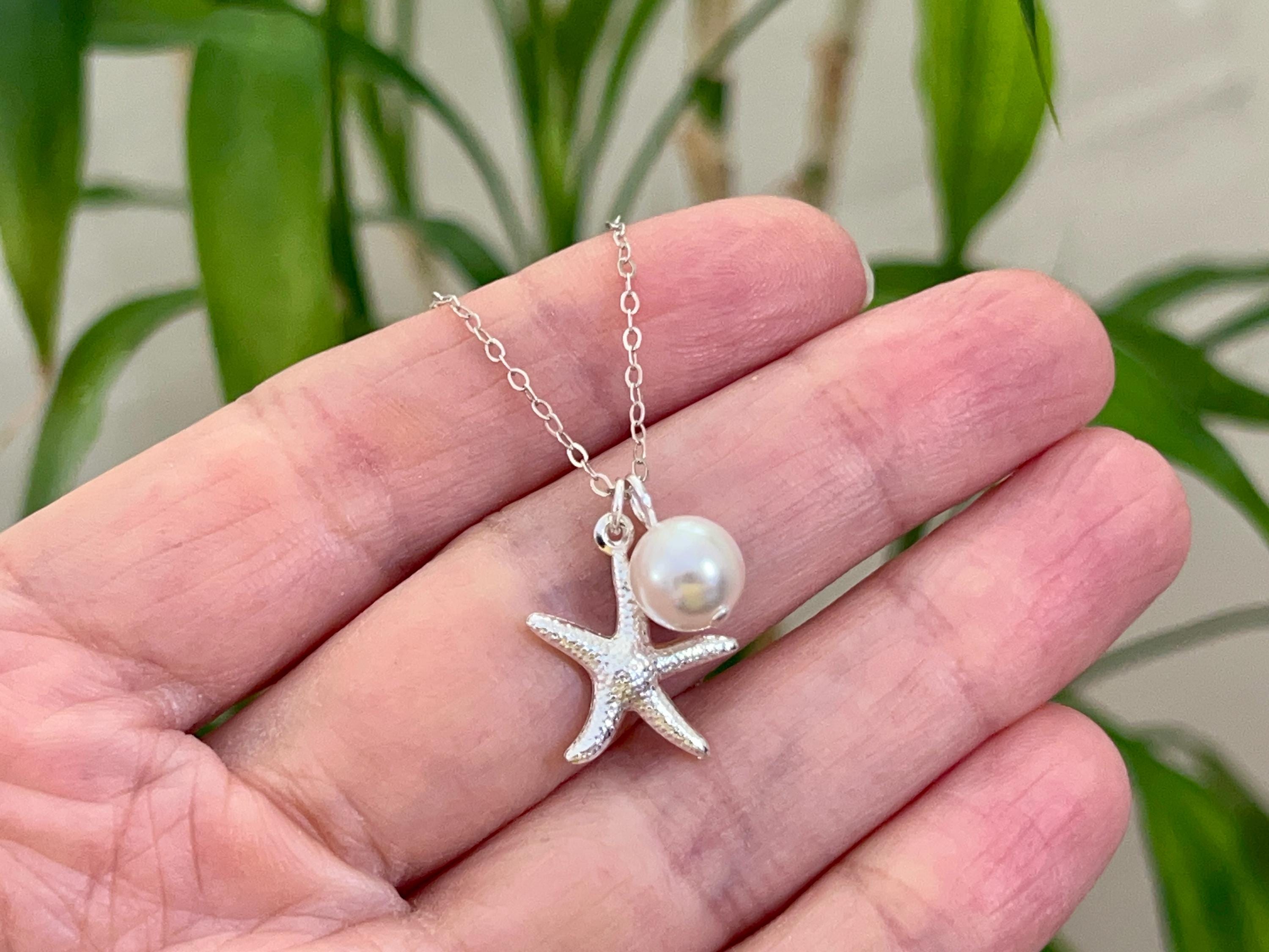 Starfish Pearl Necklace Silver, Starfish and Pearl Necklace