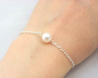 Single Pearl Bracelet, Sterling Silver Bracelet, pearl bracelet silver gift One Pearl Bracelet, Bridesmaid Bracelet, Floating Pearl Bracelet