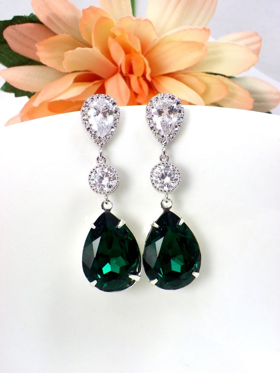 Emerald Swarovski Crystal earrings Dark Green Bridal earrings | Etsy