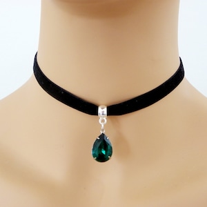 Black Velvet Choker Necklace, Charm necklace, BLACK Ribbon Choker, Gift for her, Adjustable necklace, Bridesmaid gift, Dark Teal crystal image 3