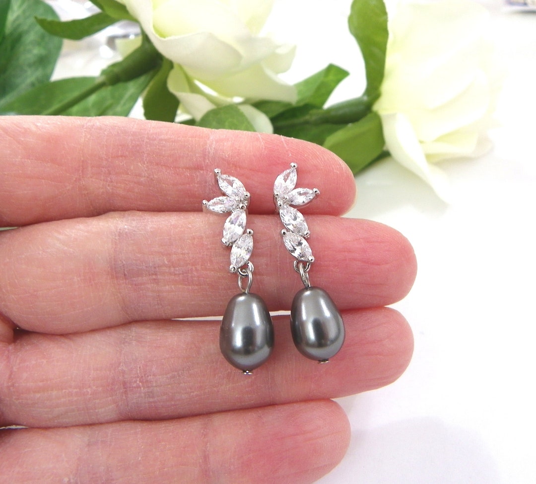Dark Grey Pearl Earrings Drop, Dark Grey Earrings Silver