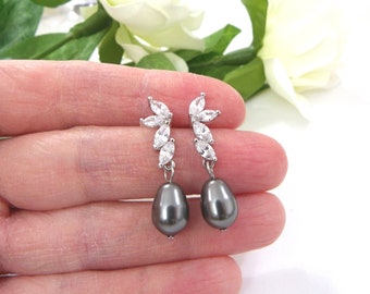 Pendientes colgantes de perlas Swarovski gris oscuro, joyería nupcial con circonitas cúbicas