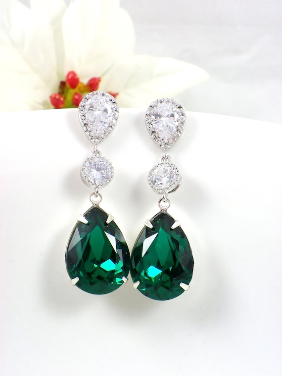 Emerald Swarovski Crystal Earrings Dark Green Bridal Earrings | Etsy