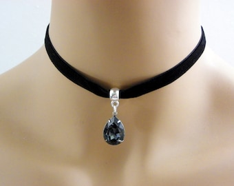 Black Velvet Choker Necklace, Dark grey BLACK Ribbon Choker, Bridesmaid gift, Black Diamond necklace, dark grey earrings, Valentines gift