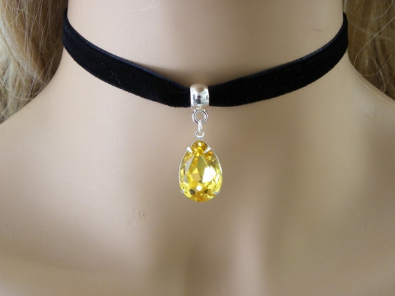 Citrine Birthday Stone Black Velvet Choker Necklace Yellow Light