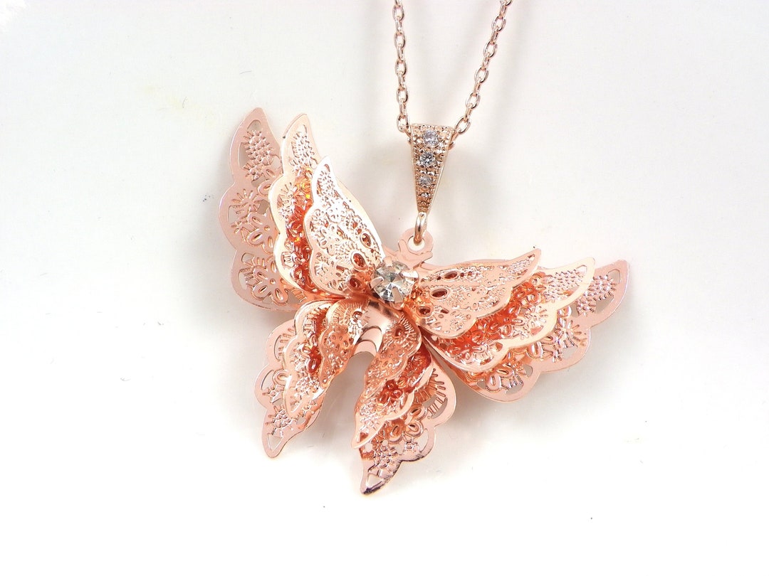 Rose Gold Three Layer Butterfly Necklace, Butterfly Necklace, Rose Gold