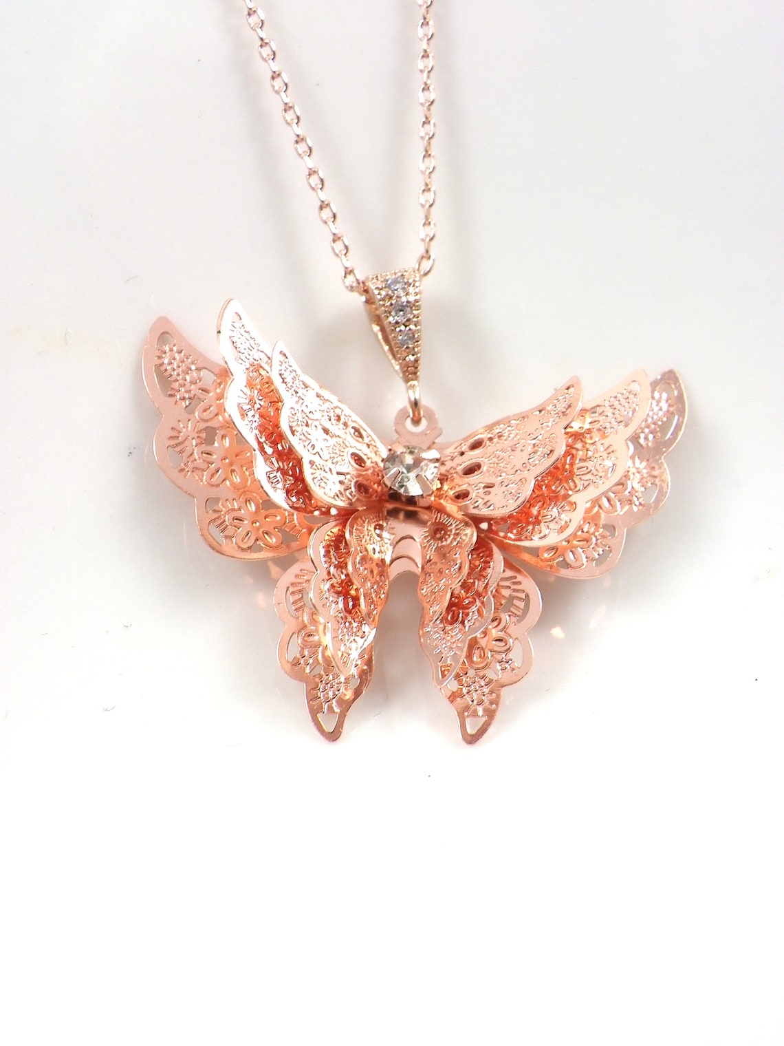 Rose Gold Three Layer Butterfly Necklace Butterfly Necklace Etsy