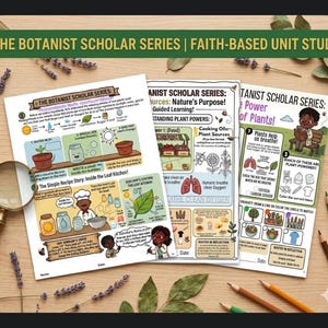 May include: Educational printables from "The Botanist Scholar Series" for a faith-based unit study. The image shows three colorful worksheets with illustrations about plants, including topics like photosynthesis and plant uses. Colored pencils and a magnifying glass are also visible.
