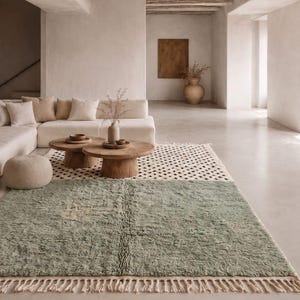May include: A rectangular area rug featuring a two-tone design with a sage green textured section and a cream-colored section patterned with small black dots. The rug is finished with long, light-colored fringe along the shorter edges.