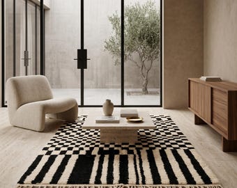 Geruite vloerkleed | Ivoorzwart wollen vloerkleed | Handgemaakt Marokkaans geruit en gestreept vloerkleed | Modern vloerkleed | Berber tapijt | Verkrijgbaar in verschillende maten