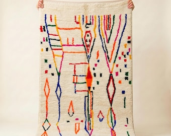 Oranje Azilal-tapijt | Kleurrijk wollen tapijt | Handgemaakt Marokkaans grafisch tapijt | Rood-marineblauw boho-vloerkleed | Berbers tribaal tapijt | Verkrijgbaar in verschillende maten