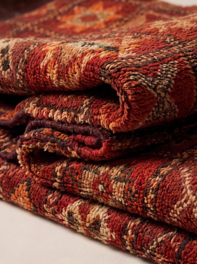May include: Close-up of a folded, textured rug with a geometric pattern. The rug features a colour palette of red, orange, and brown hues. The fabric appears thick and plush, with visible woven details.