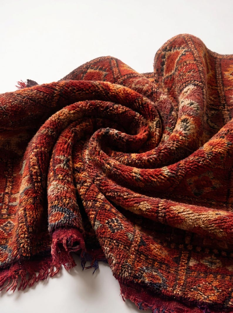 May include: A rolled-up rug with a textured surface, displaying a vibrant mix of reds, oranges, and browns. The rug has a geometric design and fringed edges. The image emphasizes the intricate details and the soft, plush feel of the rug.