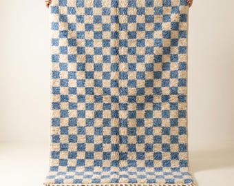 Geruite vloerkleed | Hemelsblauw ivoorkleurig wollen vloerkleed | Handgemaakt Marokkaans geruit vloerkleed | Vloerkleed in kuststijl | Zacht Berber tapijt | Verkrijgbaar in verschillende maten