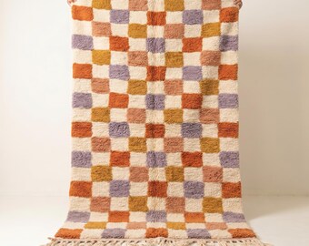 Geruite vloerkleed | Ivoorkleurig wollen vloerkleed met meerdere kleuren | Handgemaakt Marokkaans geruit vloerkleed | Boho vloerkleed | Berber tapijt | Verkrijgbaar in verschillende maten