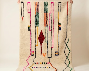 Kleurrijk ivoorkleurig Azilal-tapijt | Handgemaakt Marokkaans wollen tapijt | Tribaal geometrisch boho-tapijt | Verkrijgbaar in verschillende maten