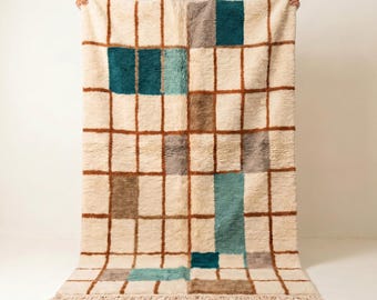 Boujaad tapijt | Ivoorgroen terracotta wollen tapijt | Handgemaakt Marokkaans abstract raster tapijt | Boho vloerkleed | Berber tapijt | Verkrijgbaar in verschillende maten