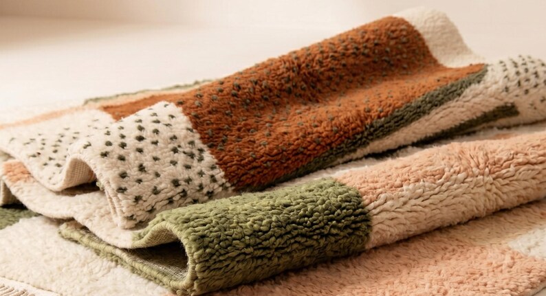 May include: Close-up of several folded, textured rugs. The rugs feature a patchwork design with sections of brown, green, and cream colors. The rugs have a soft, plush appearance, suggesting a comfortable texture.
