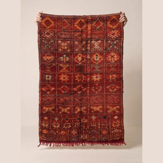 Vintage Moroccan Rug 5x4 ft | Red Tribal Wool Rug | Antique Berber Carpet | Boho Living Room Rug | Rehamna Area Rug | One of a Kind