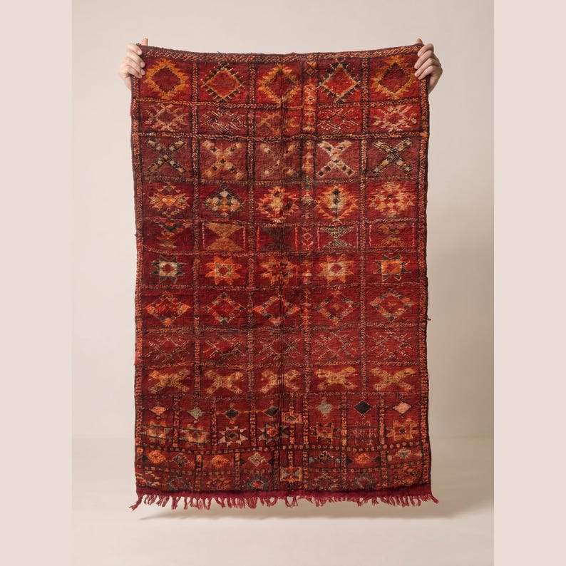 May include: A rectangular, hand-woven rug with a geometric pattern in shades of red, orange, and brown. The rug features a grid-like design with various shapes and symbols, and a fringed edge. The rug is held up by two hands.