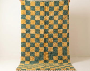 Geruite vloerkleed | Mosterdgeelgroene wollen vloerkleed | Handgemaakt Marokkaans geruit vloerkleed | Retro boho vloerkleed | Berber tapijt | Verkrijgbaar in verschillende maten