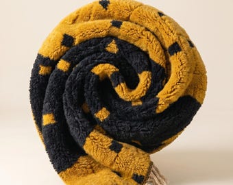 Mrirt Rug | Mustard Gold Black Luxury Wool Rug | Handmade Moroccan Color Block Dot Rug | Ultra Plush Area Rug | Berber Carpet