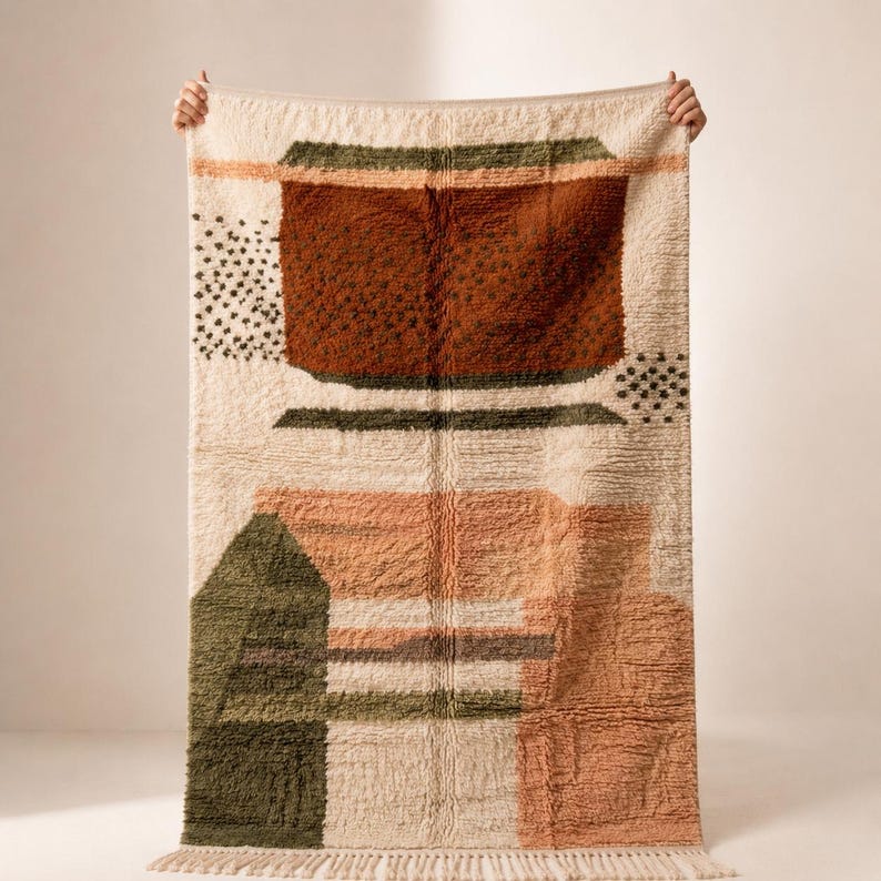 May include: A rectangular rug with an abstract design. The rug features a cream-colored background with geometric shapes in shades of brown, green, and peach. The rug has a fringed edge and is held up by two hands.