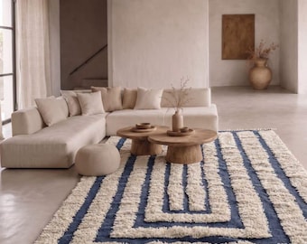 Beni Ourain tapijt | Ivoor marineblauw wollen tapijt | Handgemaakt Marokkaans labyrint tapijt | Nautisch boho vloerkleed | Abstract Berber tapijt | Verkrijgbaar in verschillende maten