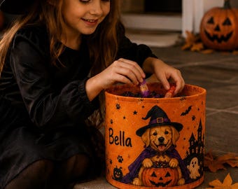 Personalized Pet Halloween Candy Basket, Custom Dog Cat Photo Trick Treat Bag