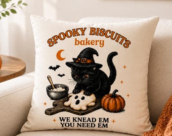 Kitty Biscuits Pillow, Spooky Black Cat Halloween Pillowcase, Vintage Baking Cushion, Fall Decor, Pet Lover Gift