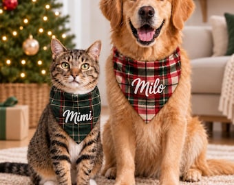 Personalized Christmas Plaid Pet Bandana, Custom Pet Name Tartan Scarf